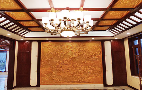 张北中式别墅客厅中式木作横梁吊顶装饰展示