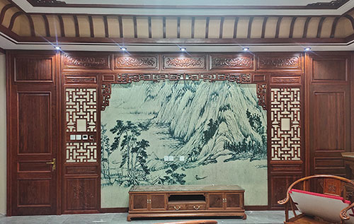 张北中式仿古别墅客厅背景墙花格木作装饰
